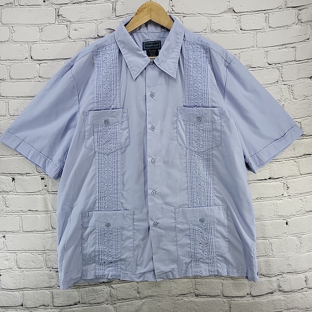 Tropicool‎ Men's Guyabera Camp Shirt Med Short Sleeve Button Up Blue Vintage